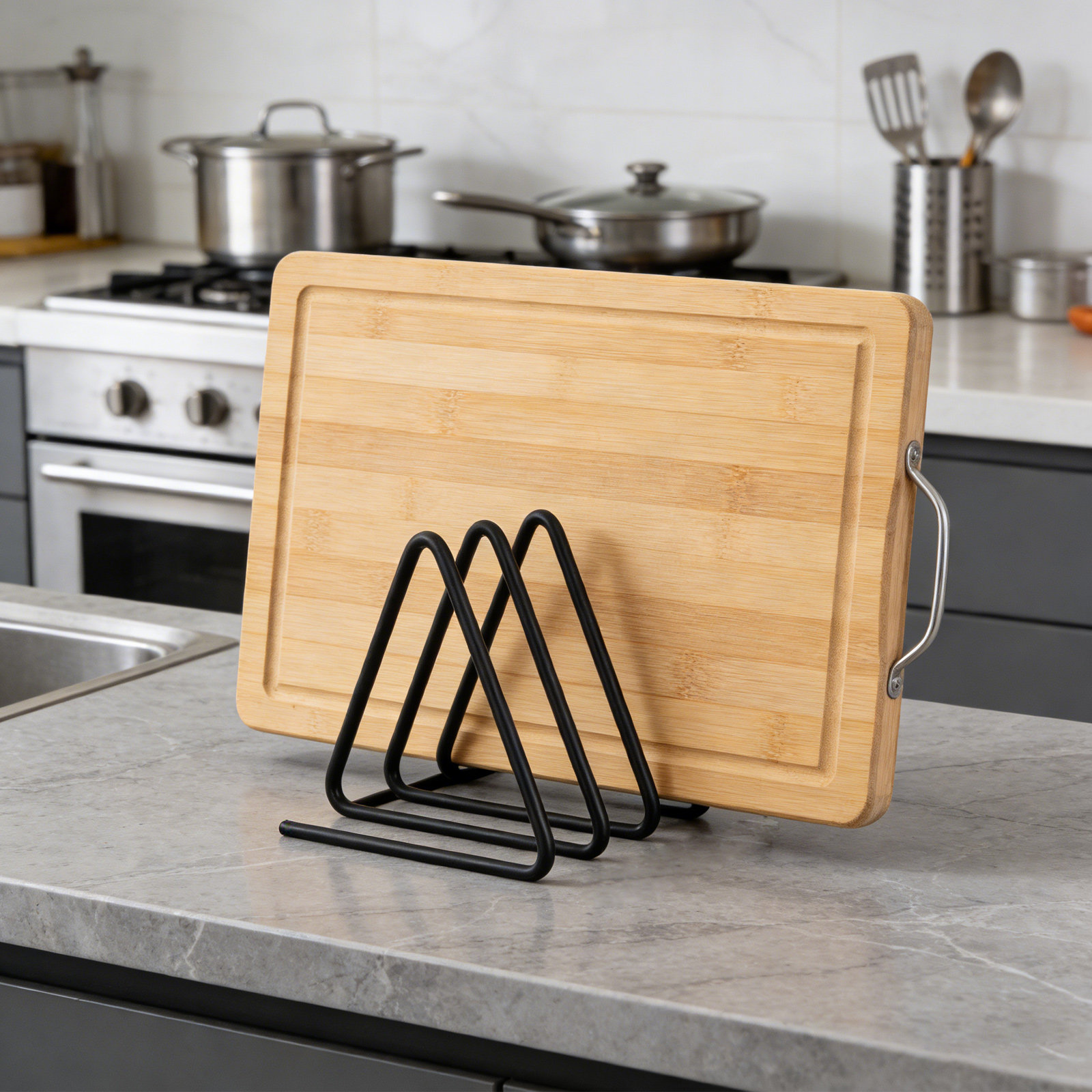 Kitchen Baking Sheet Organizer - Triangle Cutting Board Holder Space-Saving Vertical