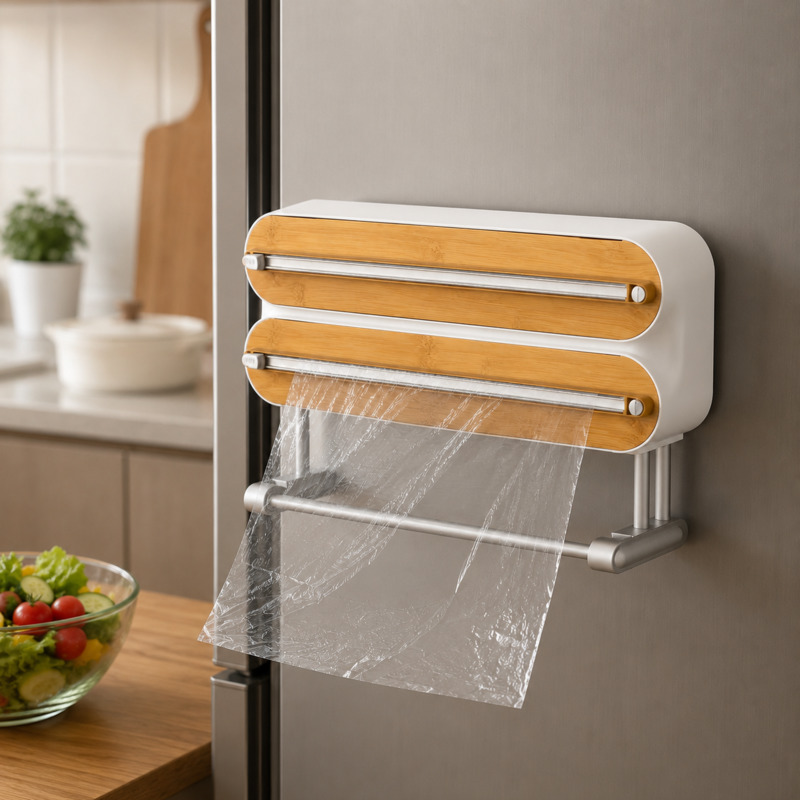 Kitchen Baking Tray Organizer - Magnetic Food Wrap Cutter Dispenser Cling
